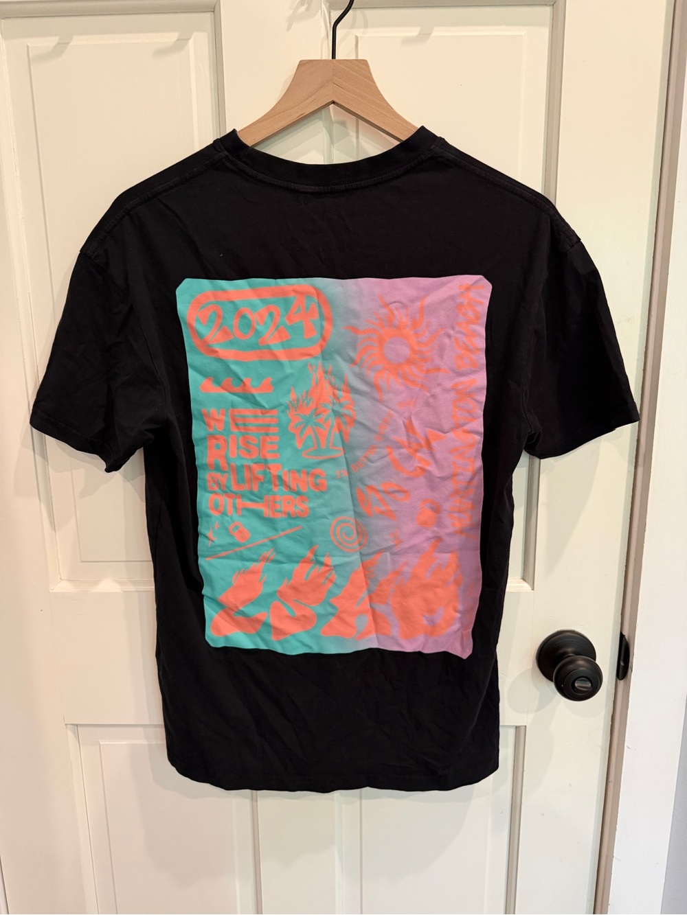 Women’s Black Graphic Tee with Teal and Coral Back Panel